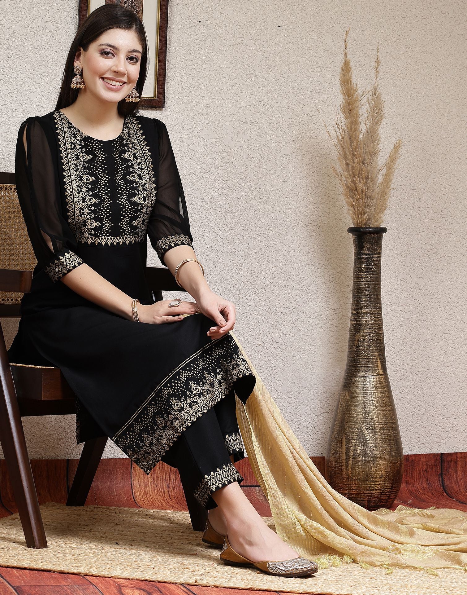 Black Plain Rayon Straight Kurta With Pant And Dupatta