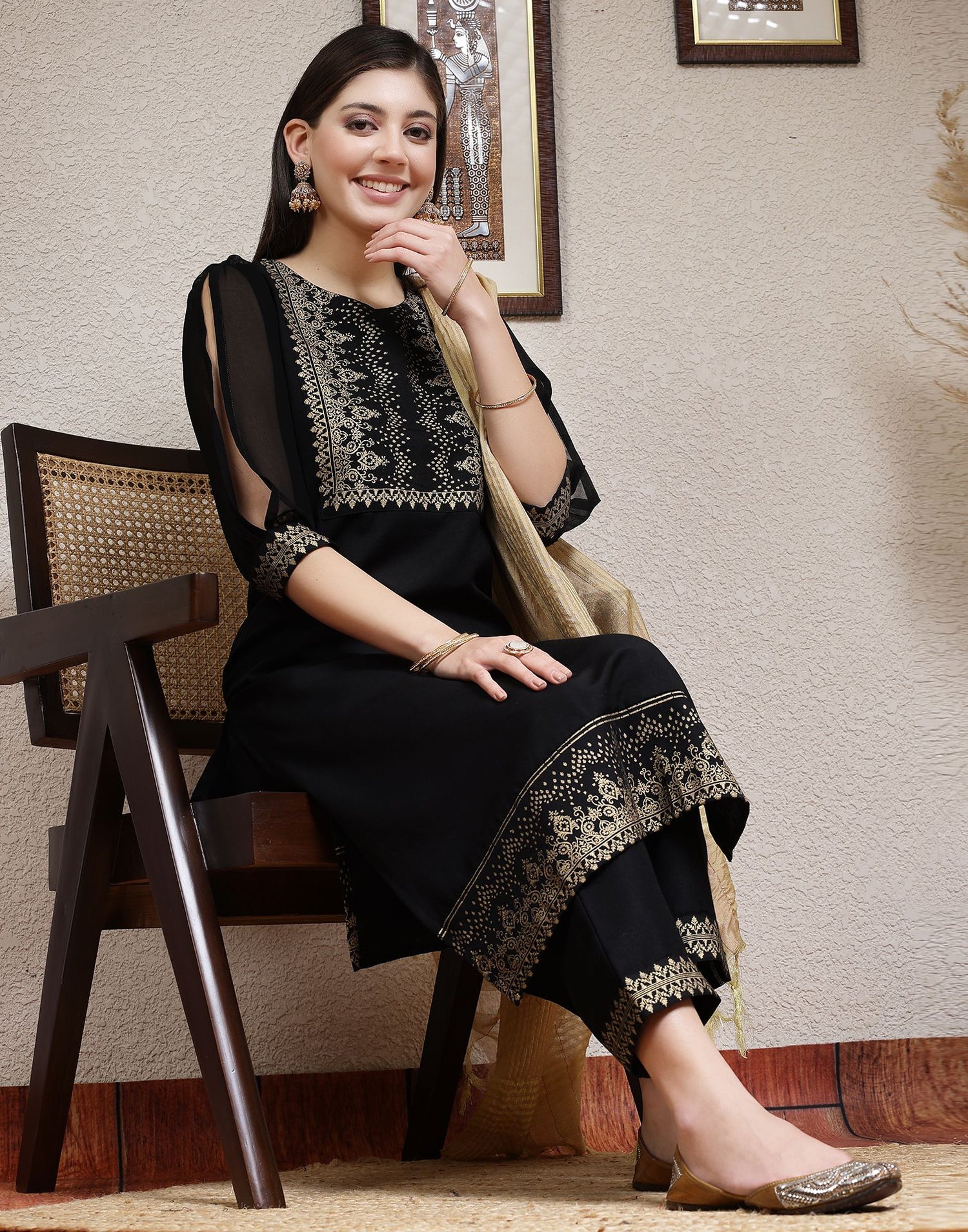 Black Plain Rayon Straight Kurta With Pant And Dupatta