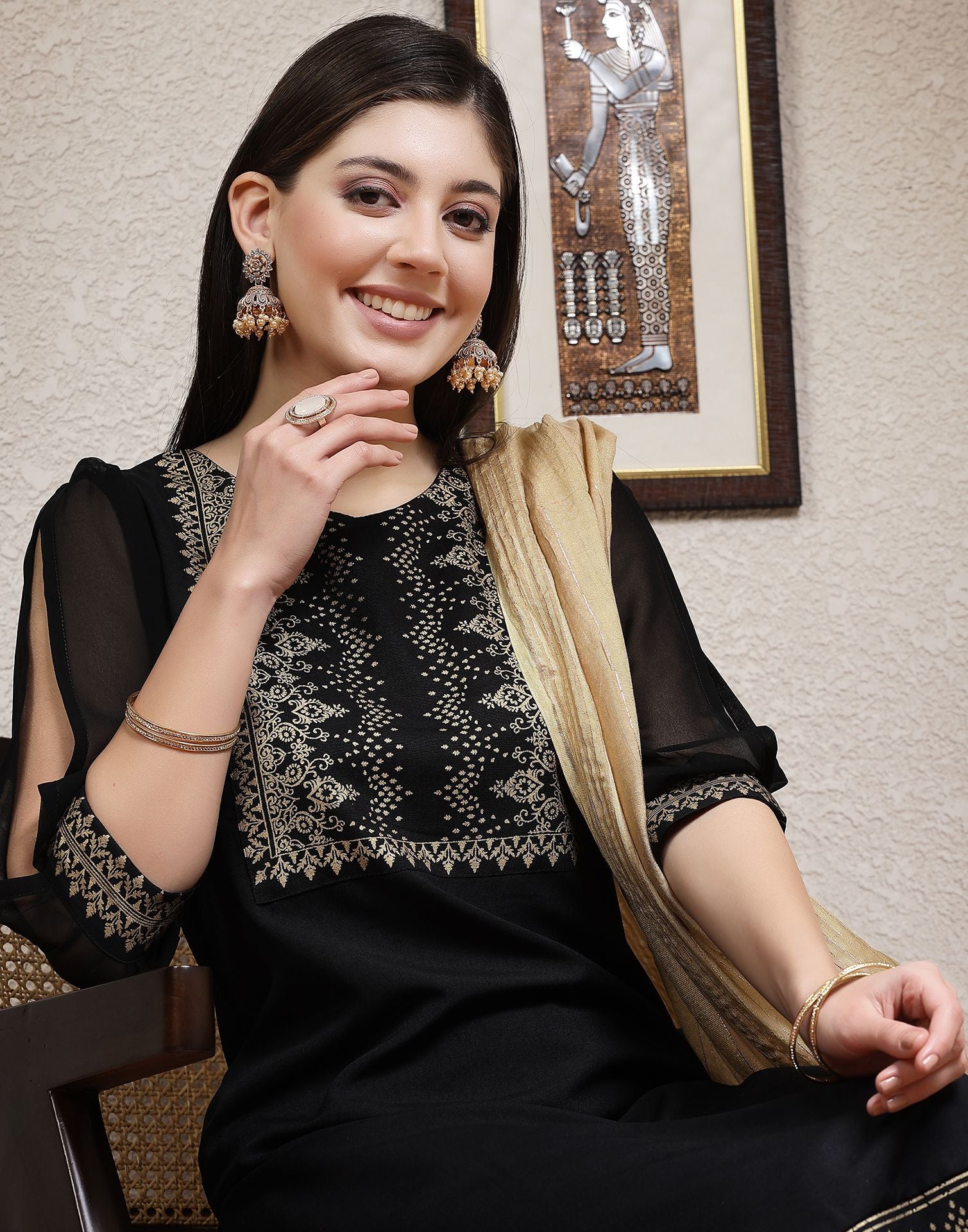 Black Plain Rayon Straight Kurta With Pant And Dupatta