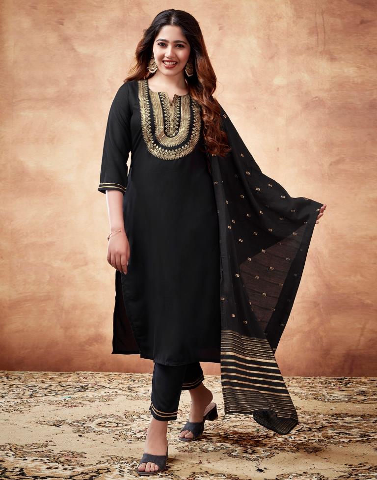 Black Embroidery Rayon Straight Kurta With Pant And Dupatta