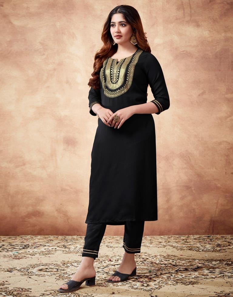 Black Embroidery Rayon Straight Kurta With Pant And Dupatta