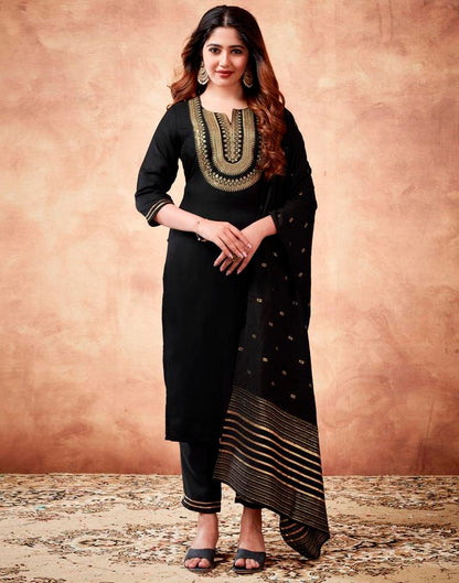 Black Embroidery Rayon Straight Kurta With Pant And Dupatta