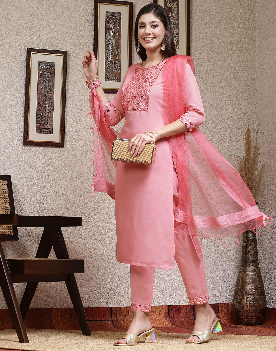 Pink Embroidery Cotton Straight Kurta With Pant And Dupatta