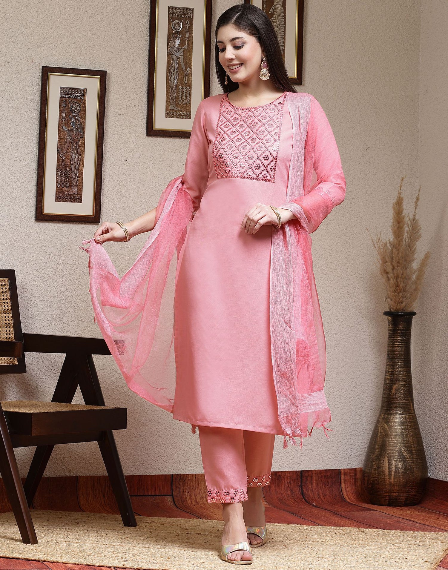 Pink Embroidery Cotton Straight Kurta With Pant And Dupatta