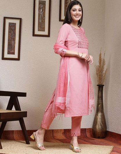 Pink Embroidery Cotton Straight Kurta With Pant And Dupatta