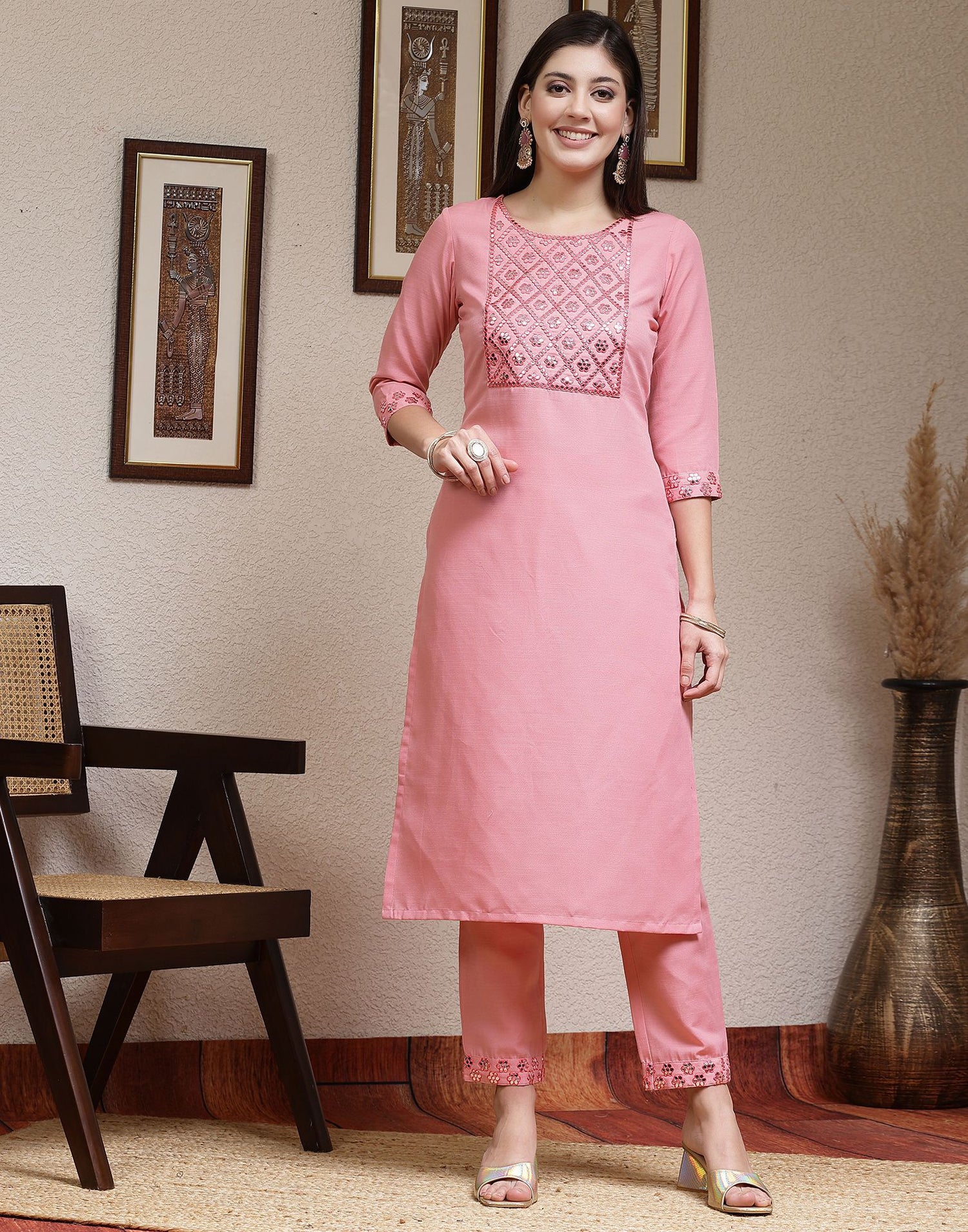 Pink Embroidery Cotton Straight Kurta With Pant And Dupatta