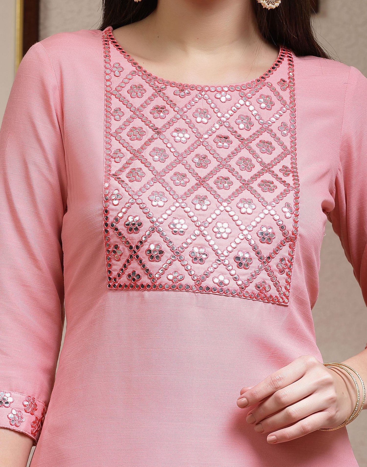 Pink Embroidery Cotton Straight Kurta With Pant And Dupatta