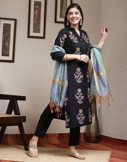 Black Printed Rayon Straight Kurta Set With Dupatta