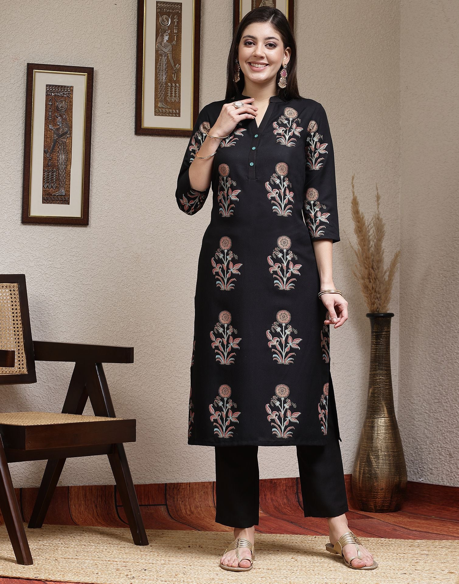 Black Printed Rayon Straight Kurta Set With Dupatta