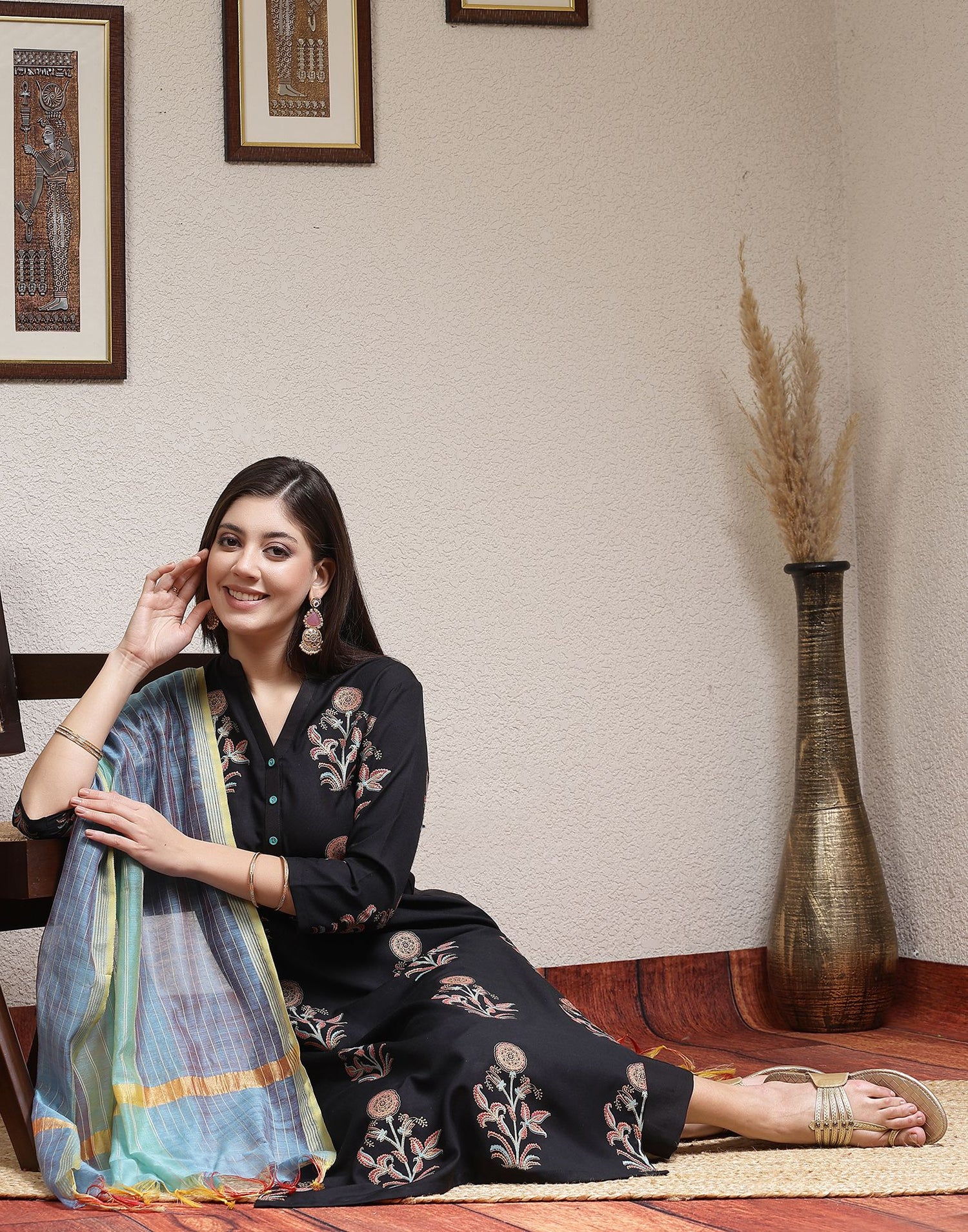 Black Printed Rayon Straight Kurta Set With Dupatta