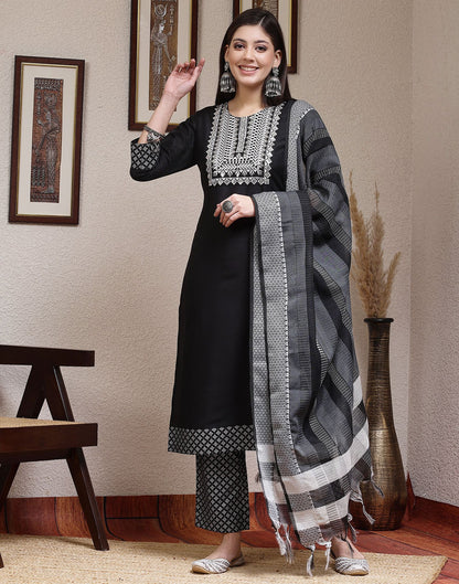 Black Printed Rayon Straight Kurta Set With Dupatta