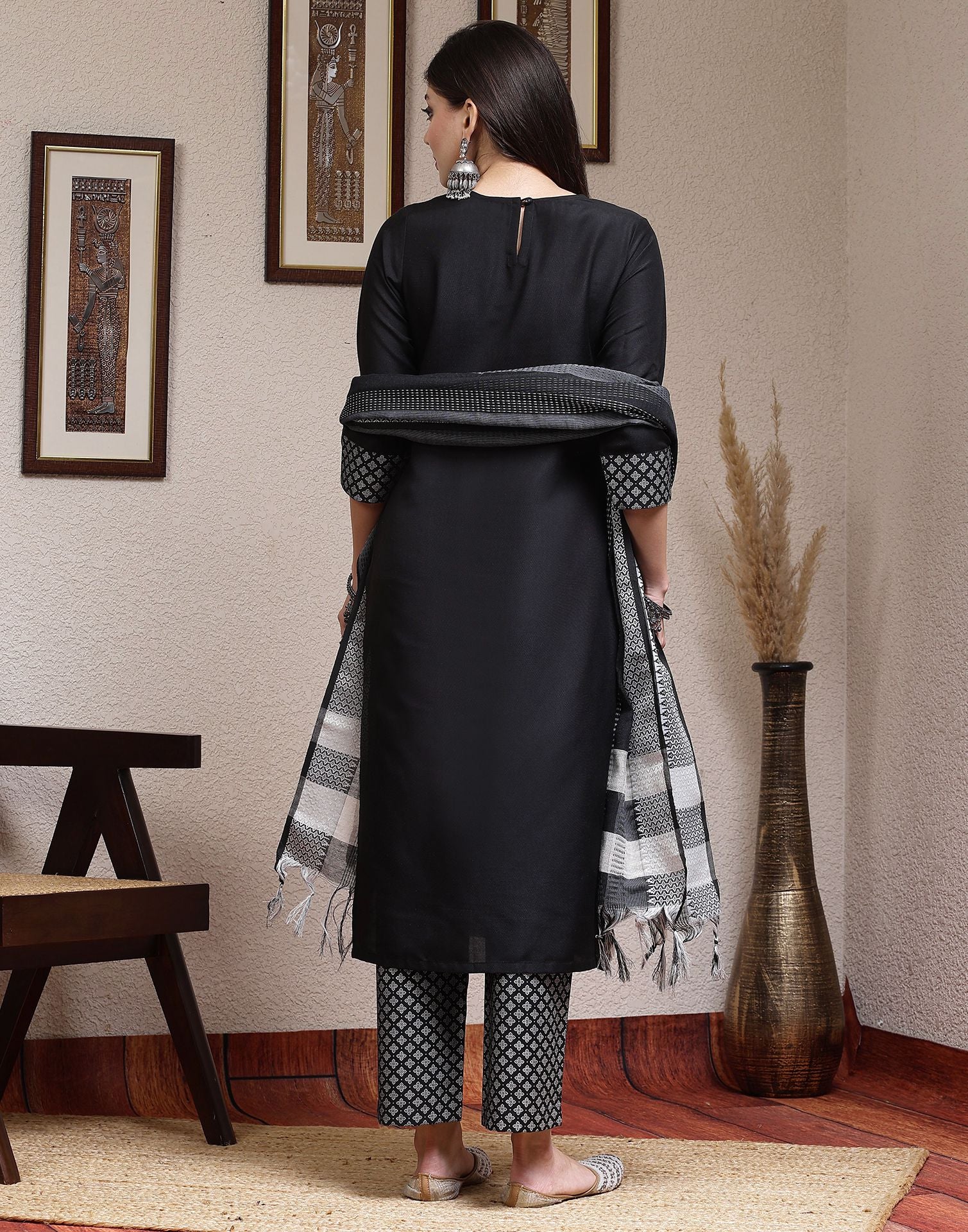 Black Printed Rayon Straight Kurta Set With Dupatta