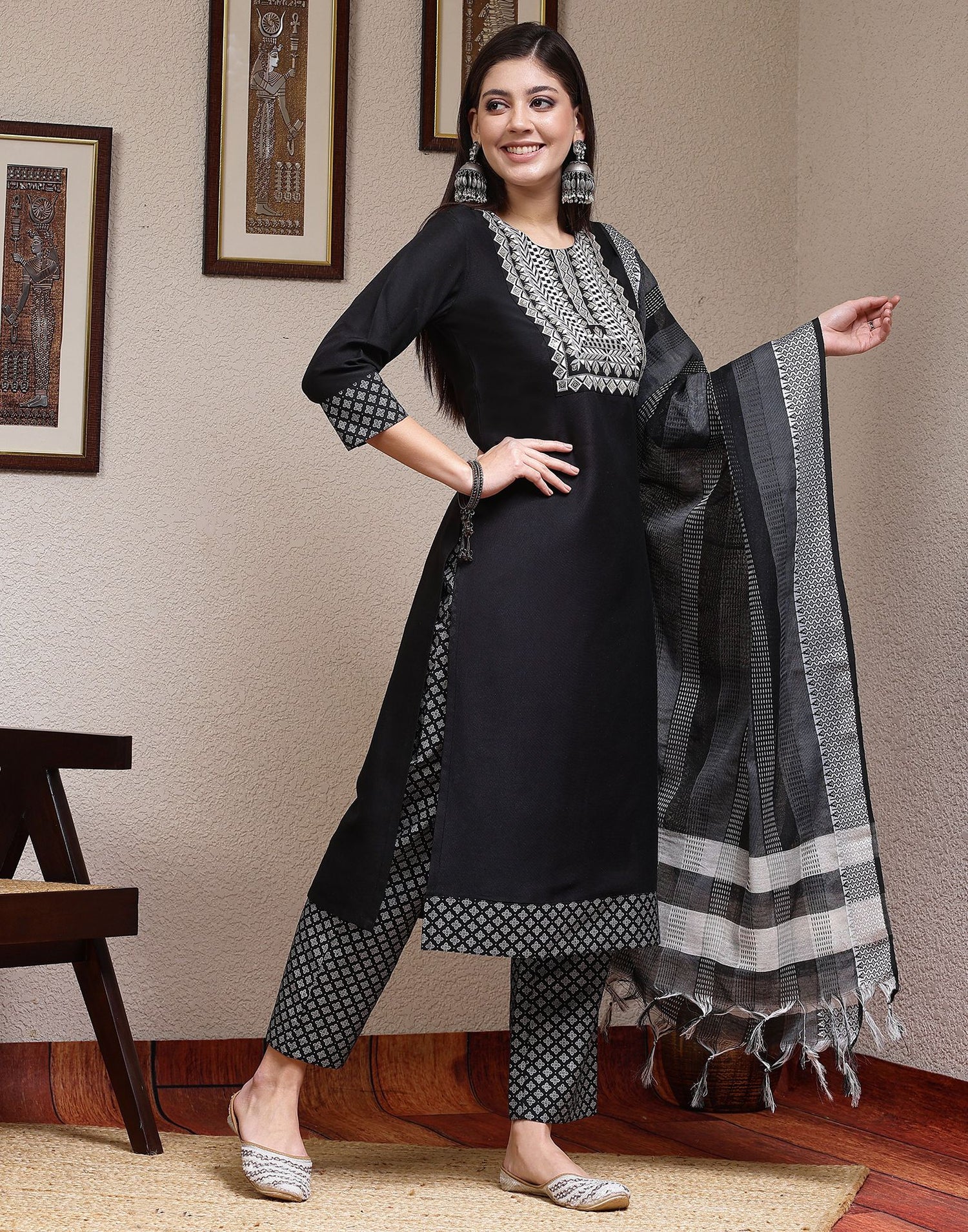 Black Printed Rayon Straight Kurta Set With Dupatta