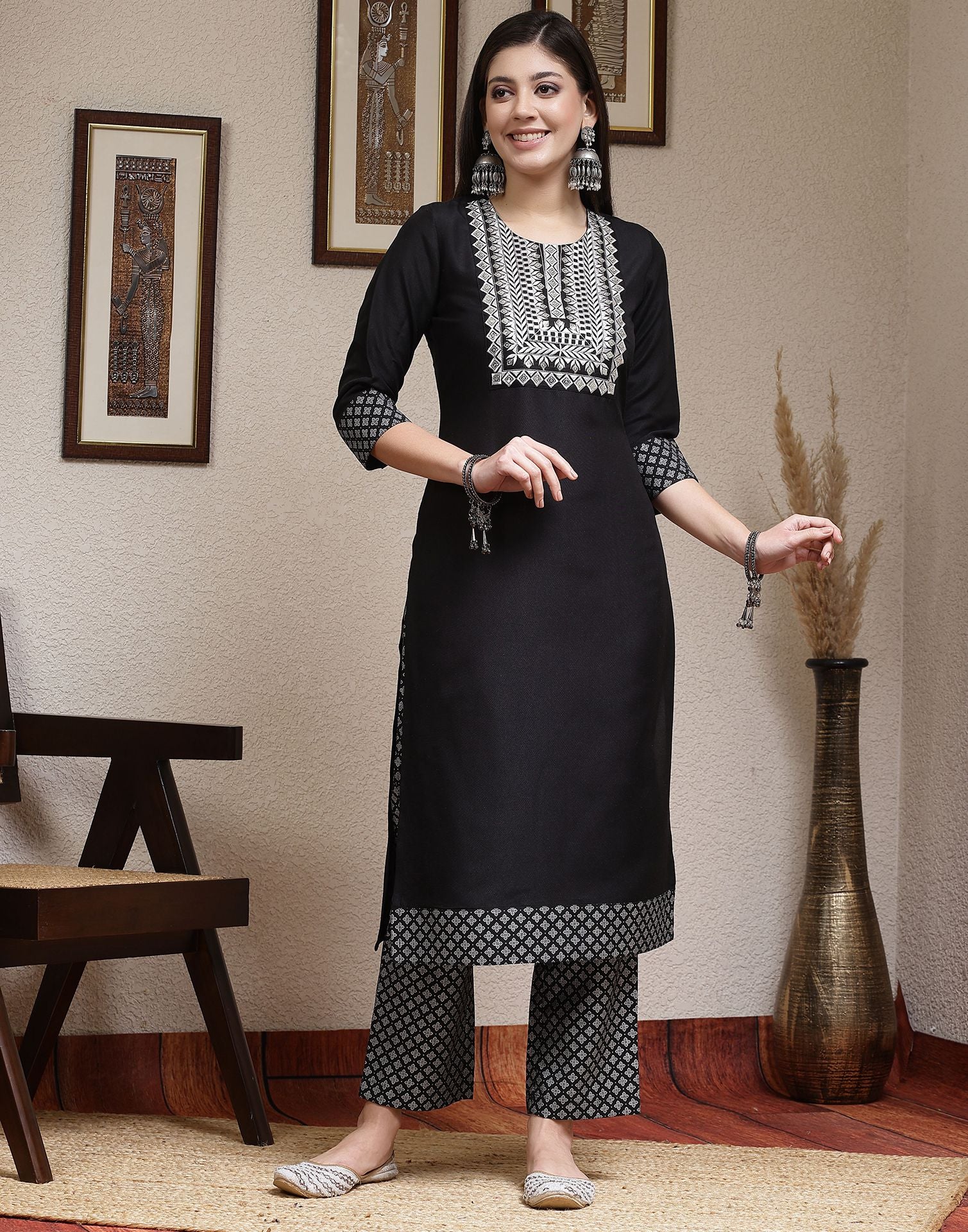 Black Printed Rayon Straight Kurta Set With Dupatta