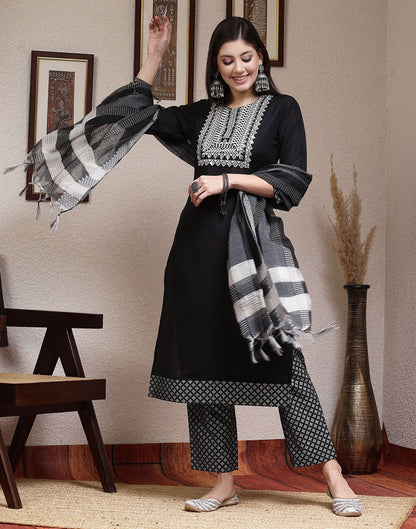 Black Printed Rayon Straight Kurta Set With Dupatta