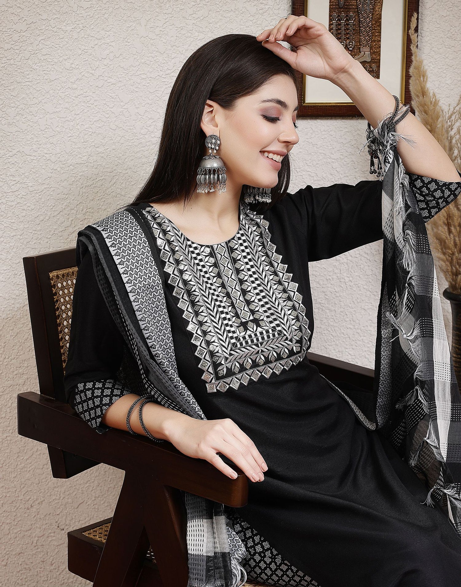 Black Printed Rayon Straight Kurta Set With Dupatta