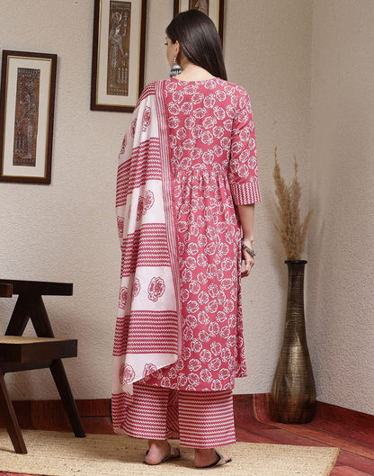 Pink Printed Cotton A-Line Kurta With Pant And Dupatta