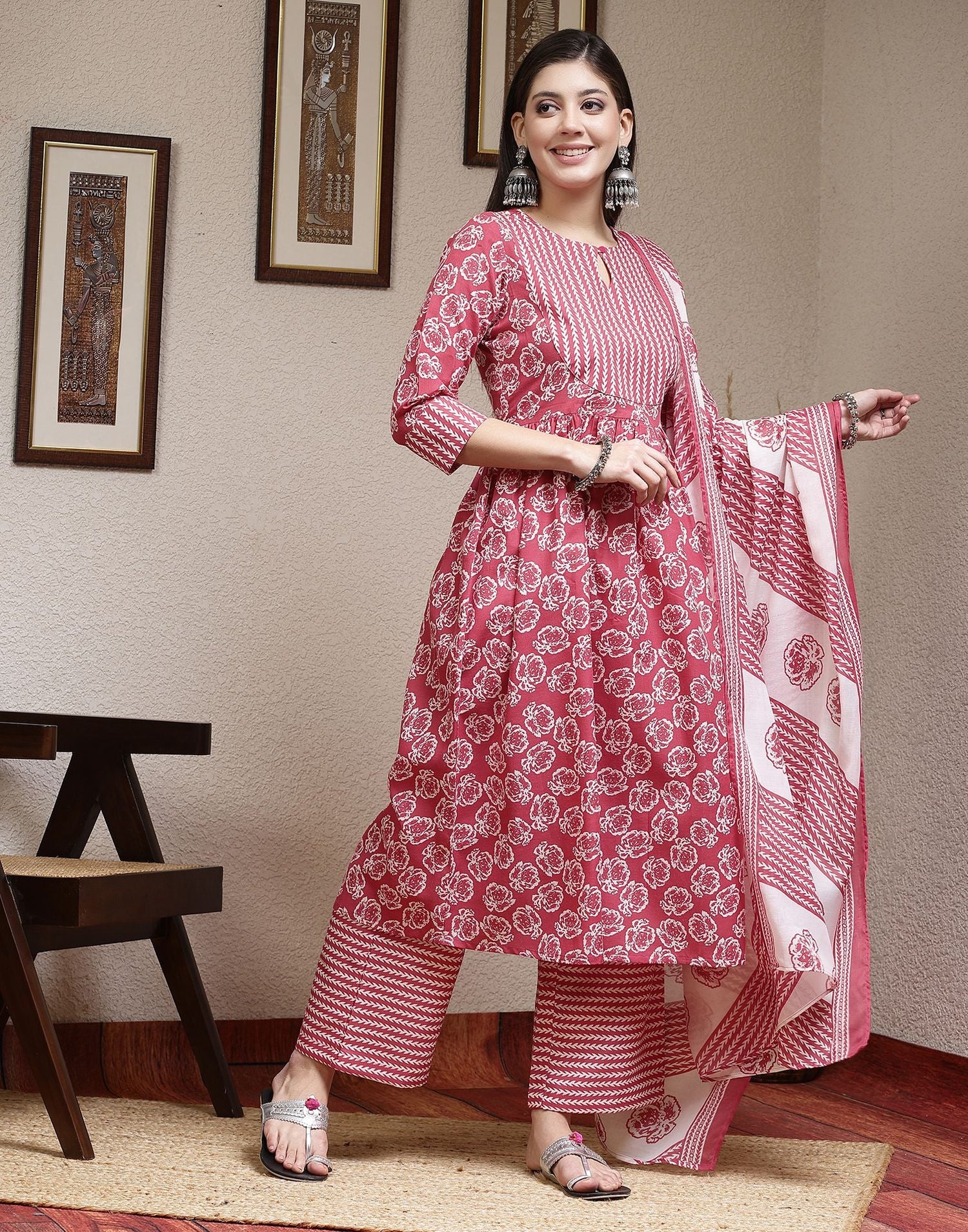 Pink Printed Cotton A-Line Kurta With Pant And Dupatta