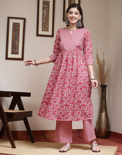 Pink Printed Cotton A-Line Kurta With Pant And Dupatta