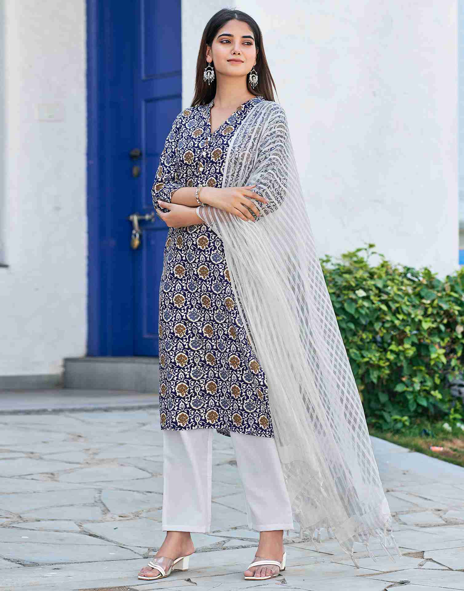 Blue Printed Cotton Straight Kurta Set With Dupatta