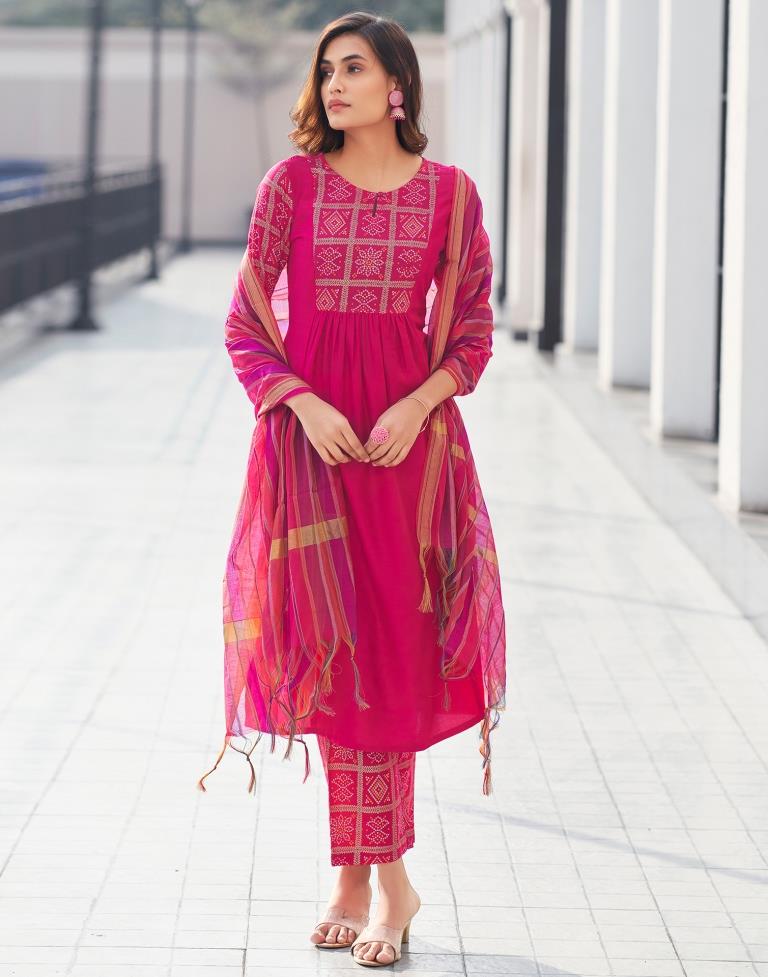 Dark Pink Printed Chinnon A-Line Kurta Set with Dupatta