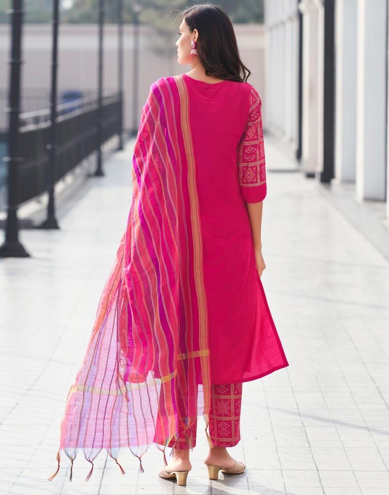 Dark Pink Printed Chinnon A-Line Kurta Set with Dupatta