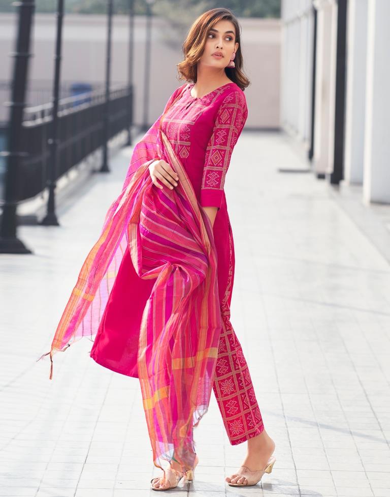 Dark Pink Printed Chinnon A-Line Kurta Set with Dupatta