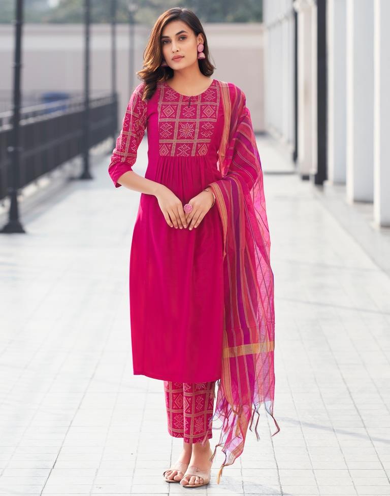 Dark Pink Printed Chinnon A-Line Kurta Set with Dupatta