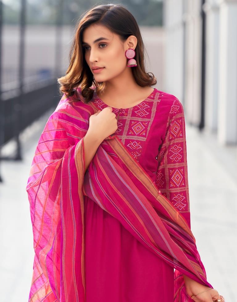 Dark Pink Printed Chinnon A-Line Kurta Set with Dupatta