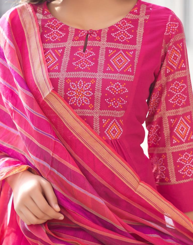 Dark Pink Printed Chinnon A-Line Kurta Set with Dupatta