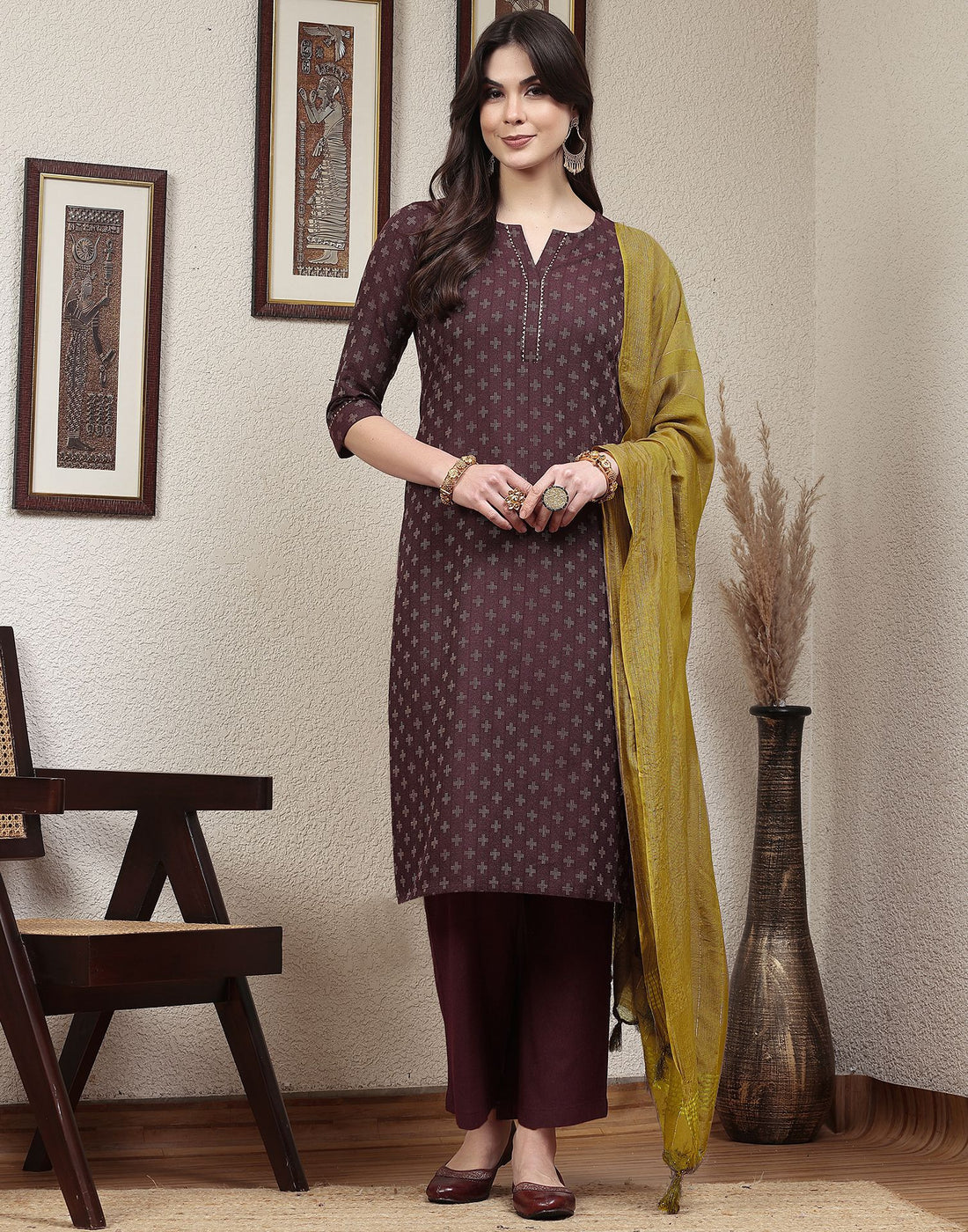 Dark Wine Woven Cotton Straight Kurta With Pant And Dupatta