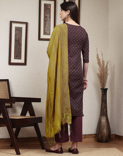 Dark Wine Woven Cotton Straight Kurta With Pant And Dupatta