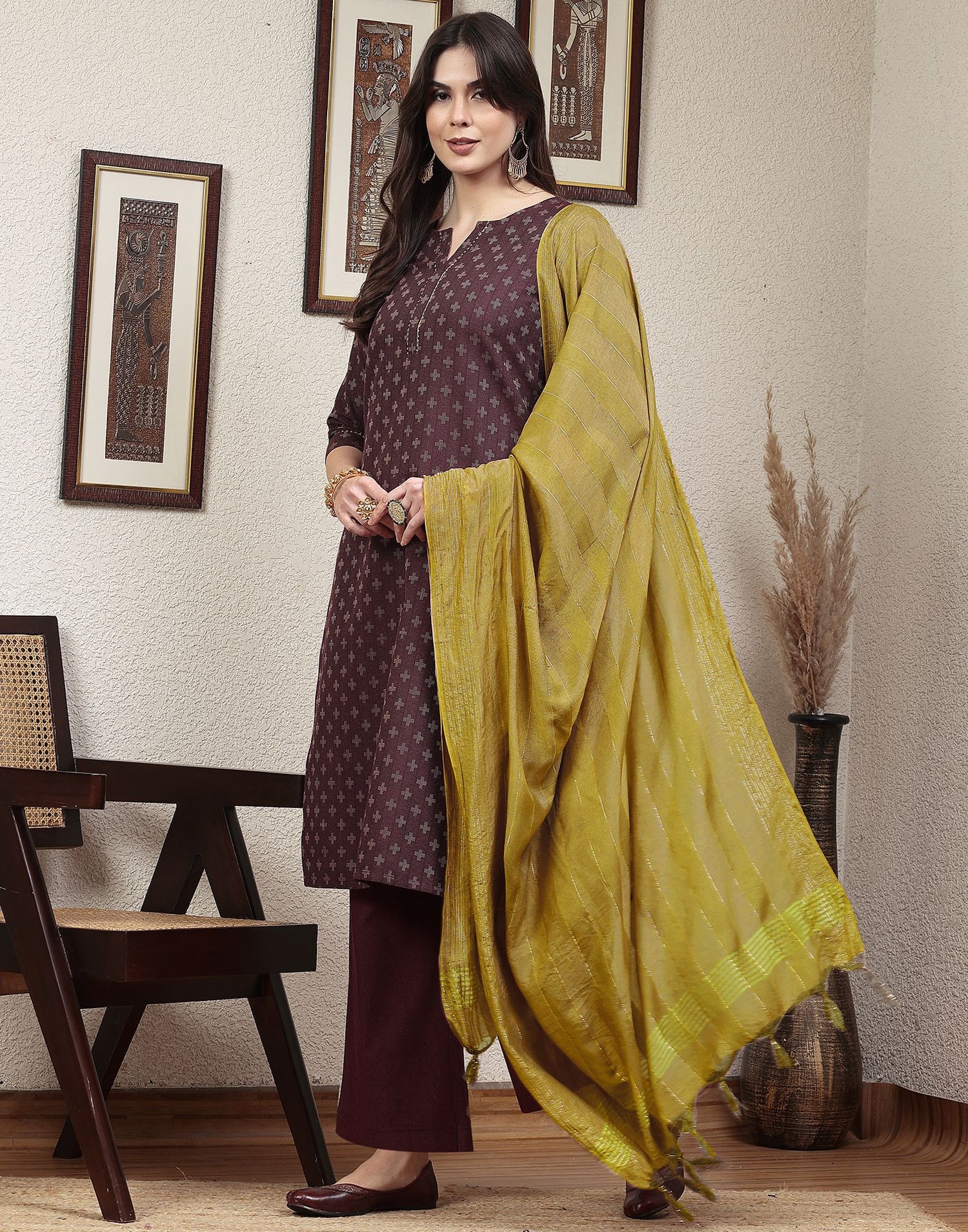 Dark Wine Woven Cotton Straight Kurta With Pant And Dupatta