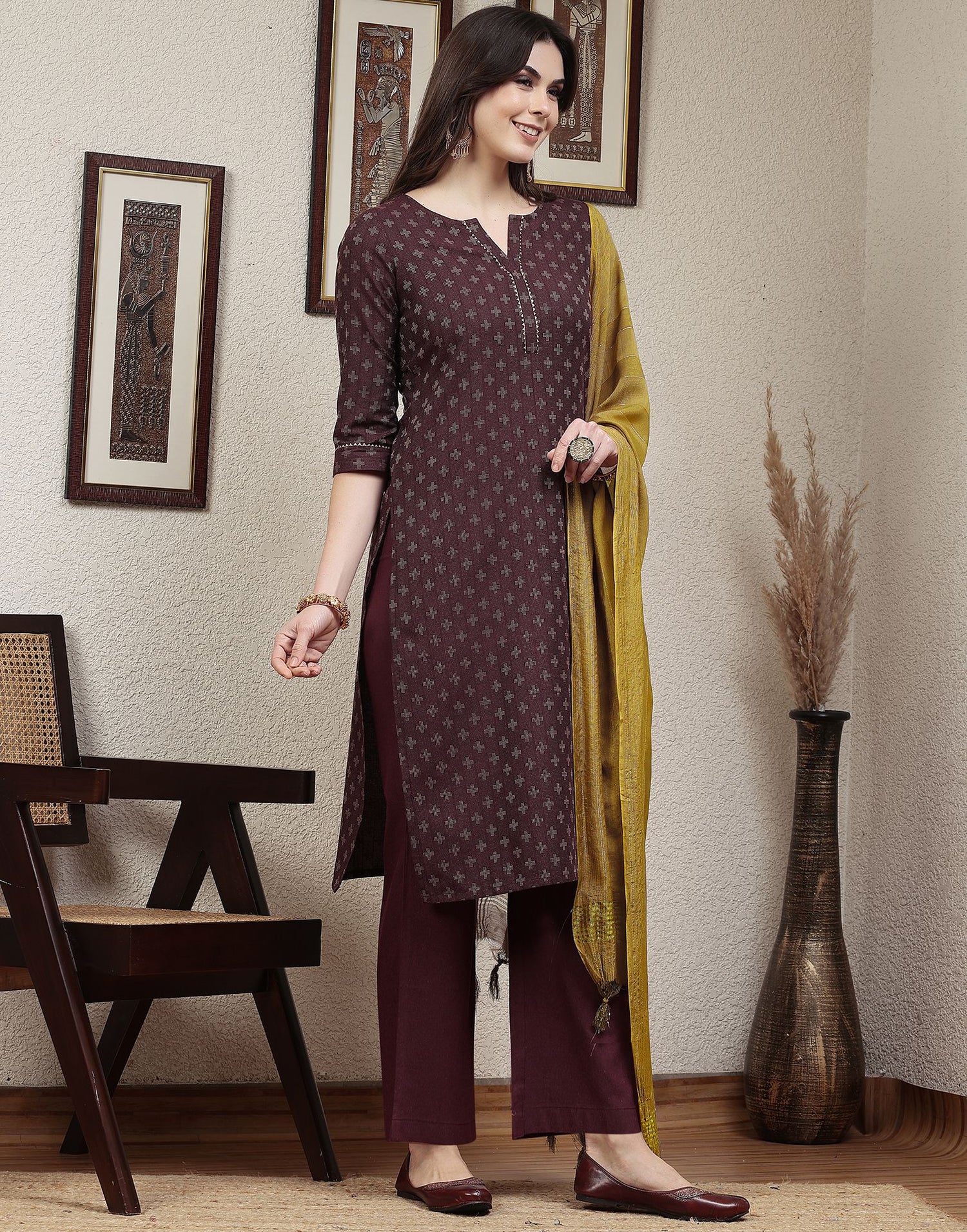 Dark Wine Woven Cotton Straight Kurta With Pant And Dupatta