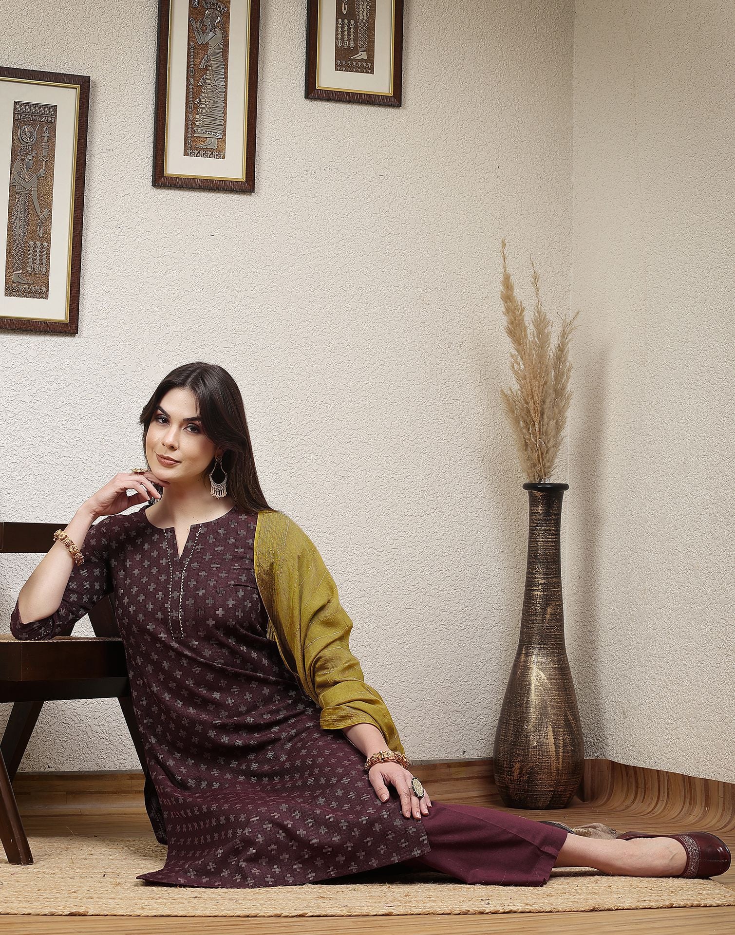 Dark Wine Woven Cotton Straight Kurta With Pant And Dupatta