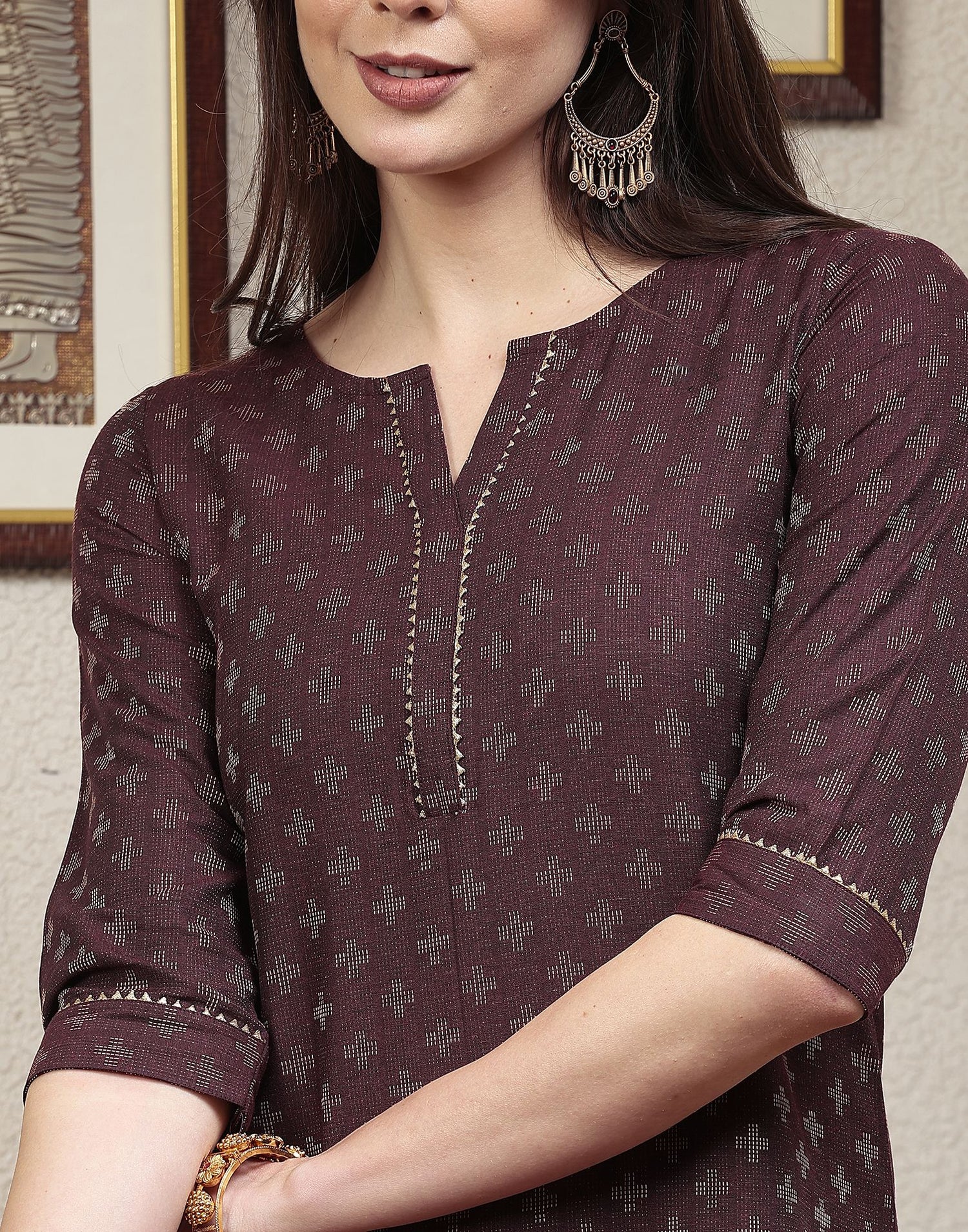 Dark Wine Woven Cotton Straight Kurta With Pant And Dupatta