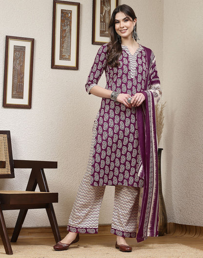 Purple Printed Cotton Straight Kurta With Pant And Dupatta