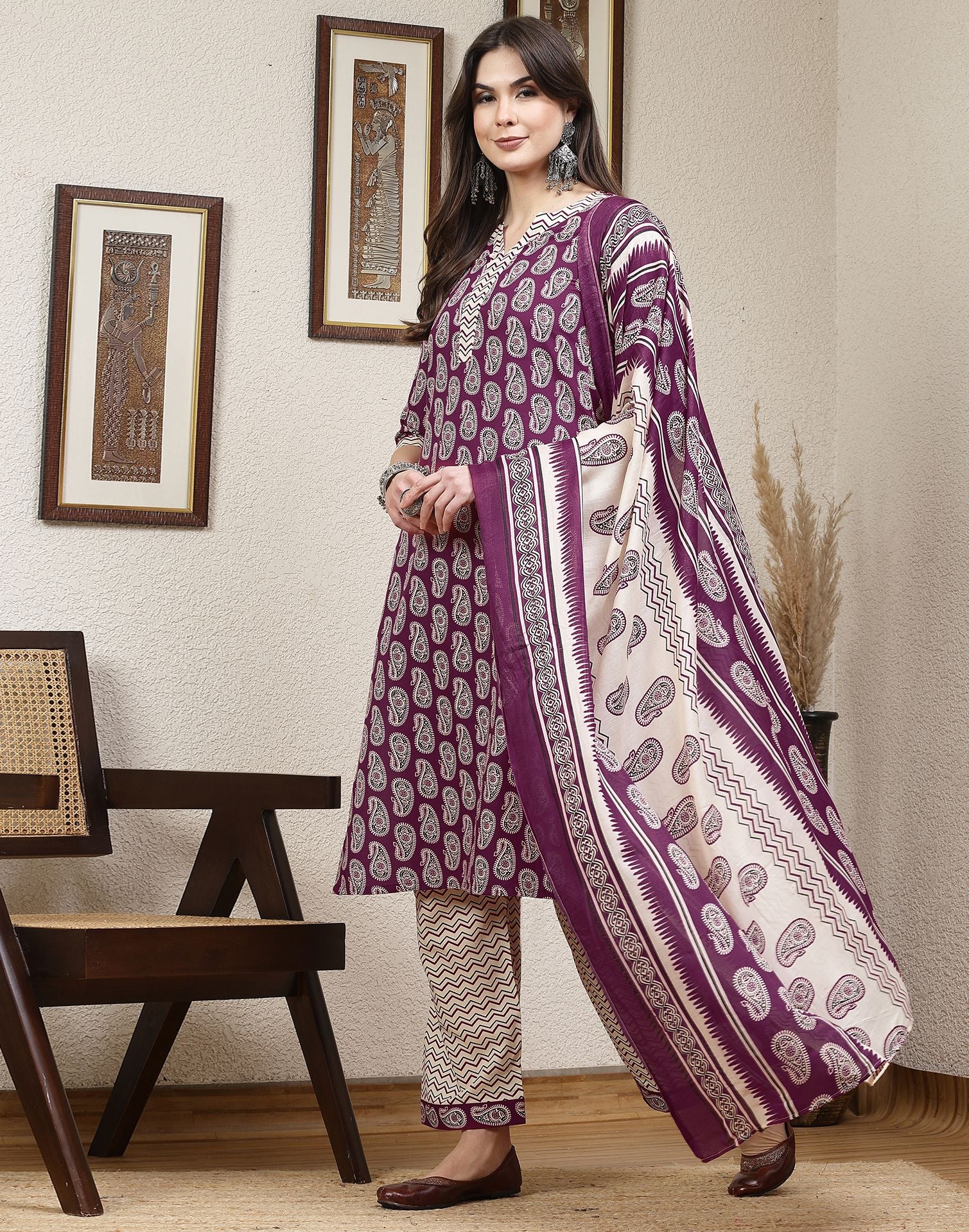 Purple Printed Cotton Straight Kurta With Pant And Dupatta