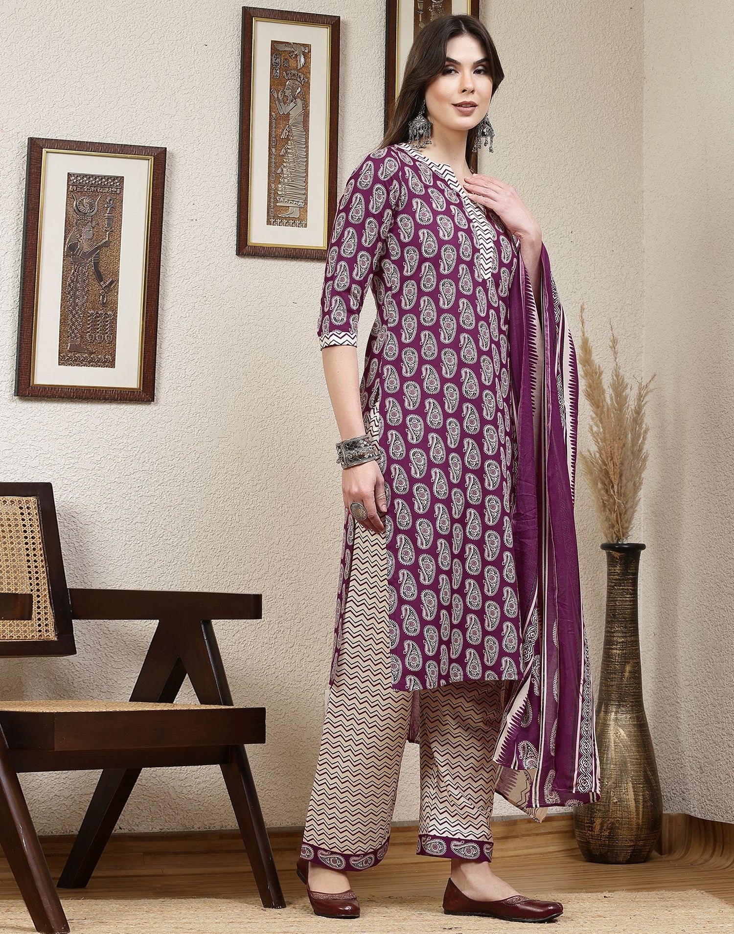 Purple Printed Cotton Straight Kurta With Pant And Dupatta