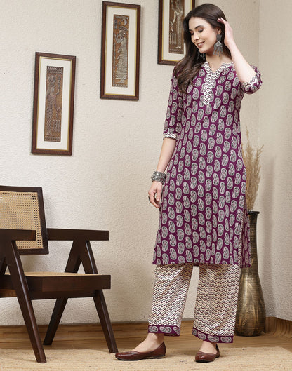 Purple Printed Cotton Straight Kurta With Pant And Dupatta