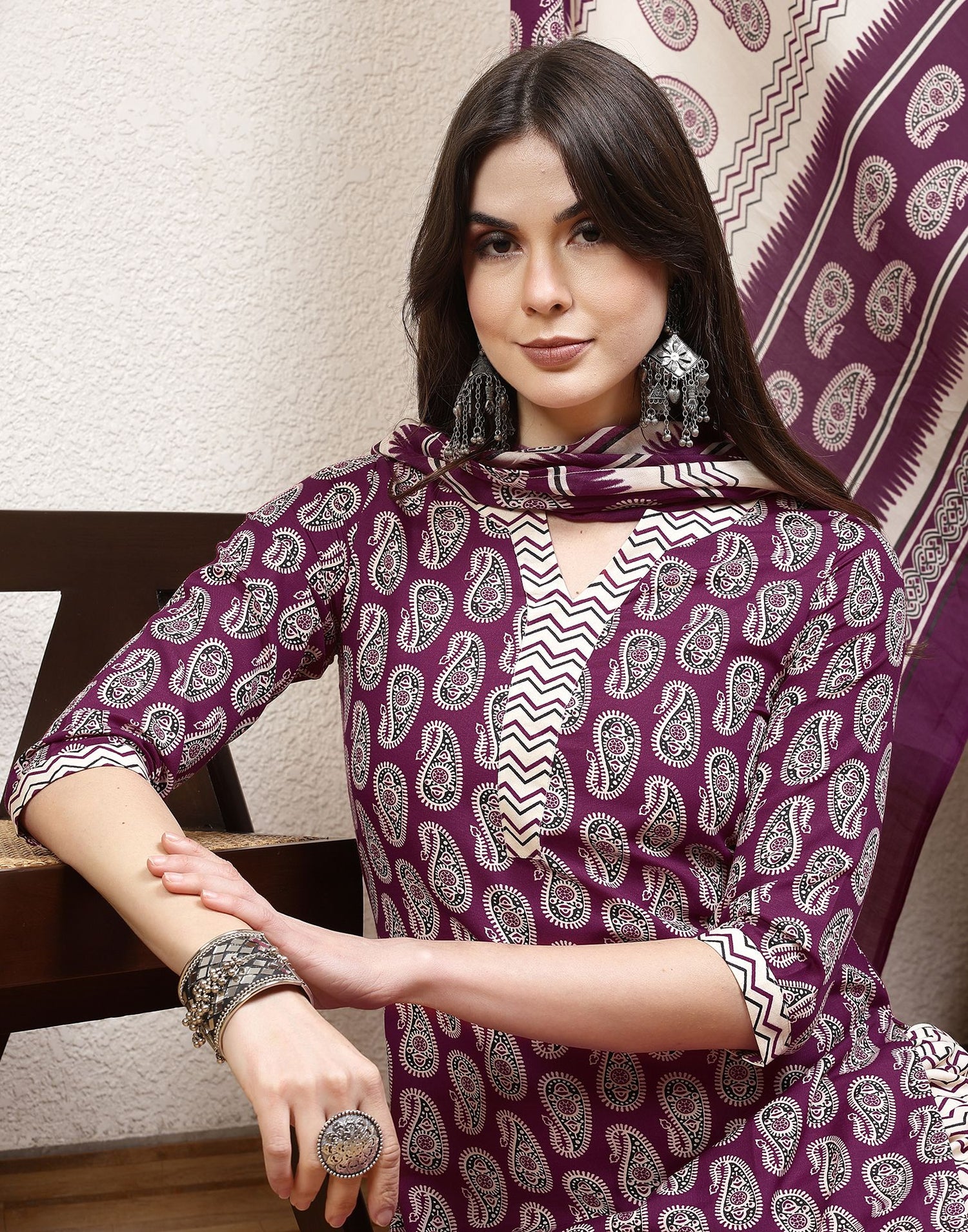 Purple Printed Cotton Straight Kurta With Pant And Dupatta