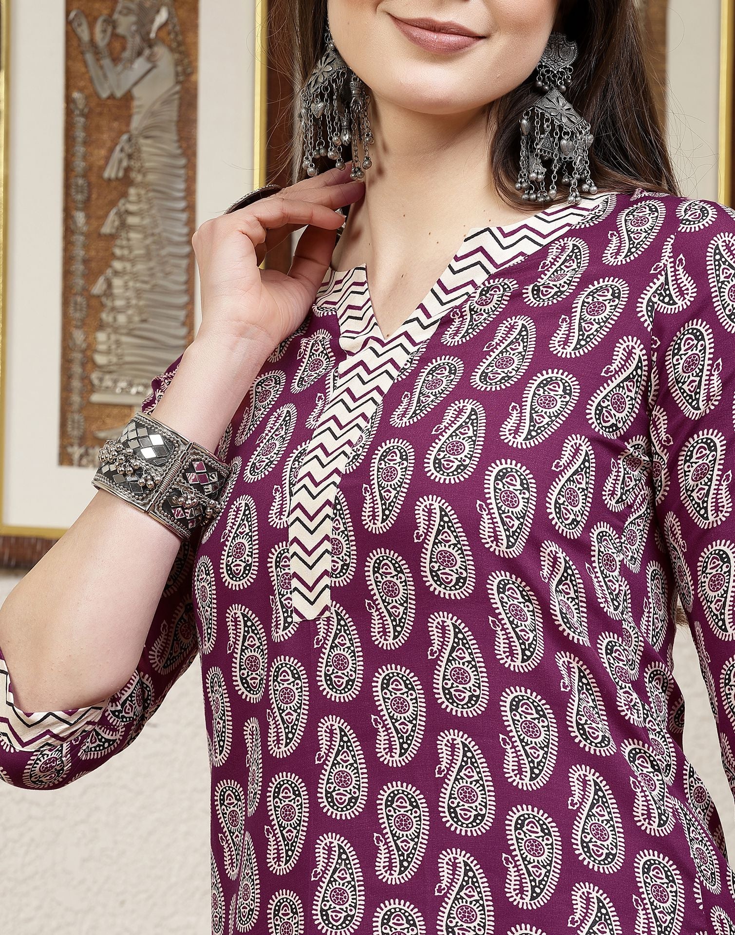 Purple Printed Cotton Straight Kurta With Pant And Dupatta