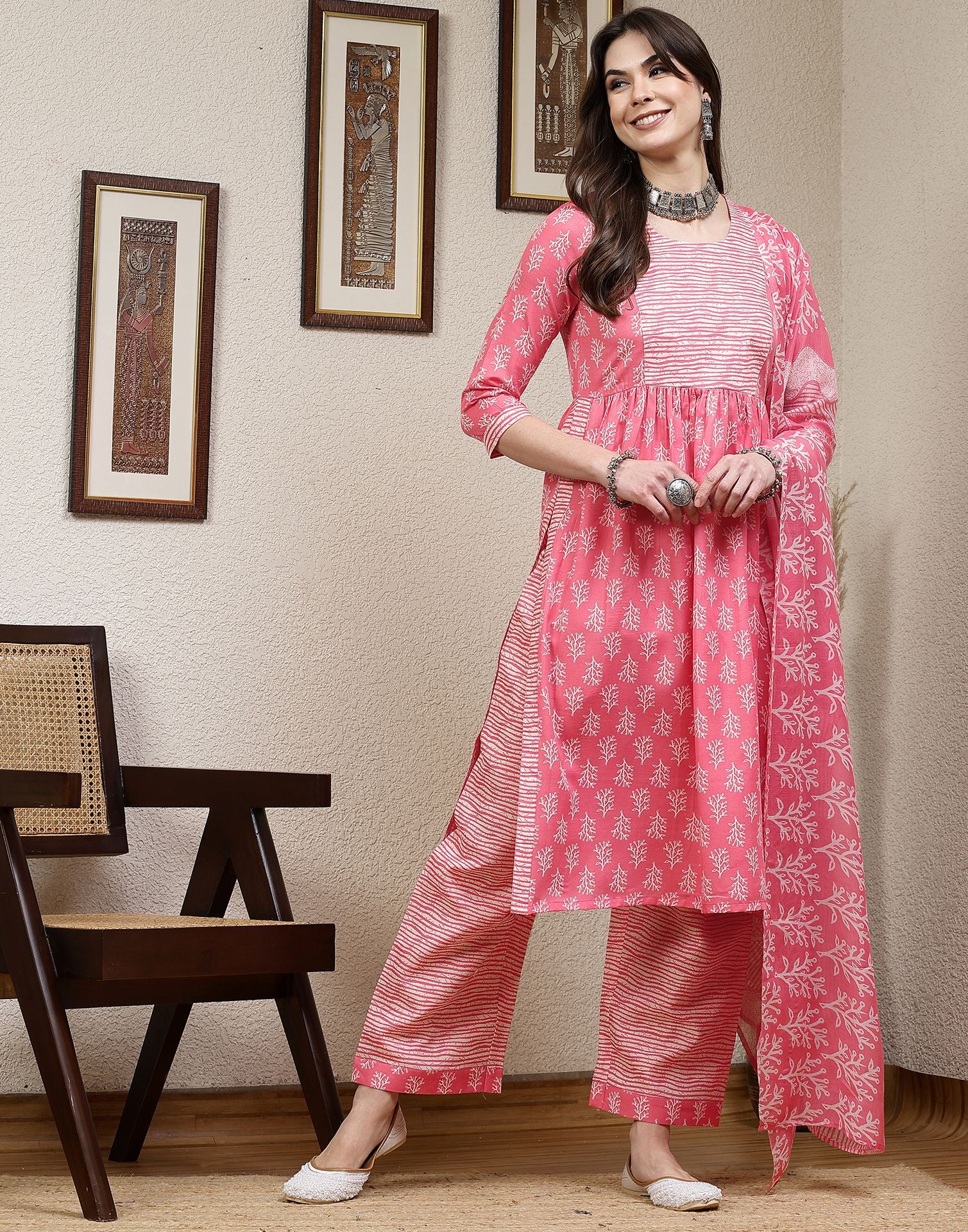 Pink Printed Cotton A-Line Kurta With Pant And Dupatta