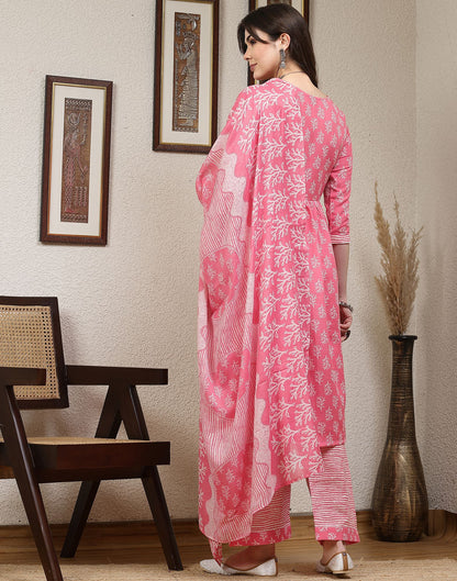 Pink Printed Cotton A-Line Kurta With Pant And Dupatta