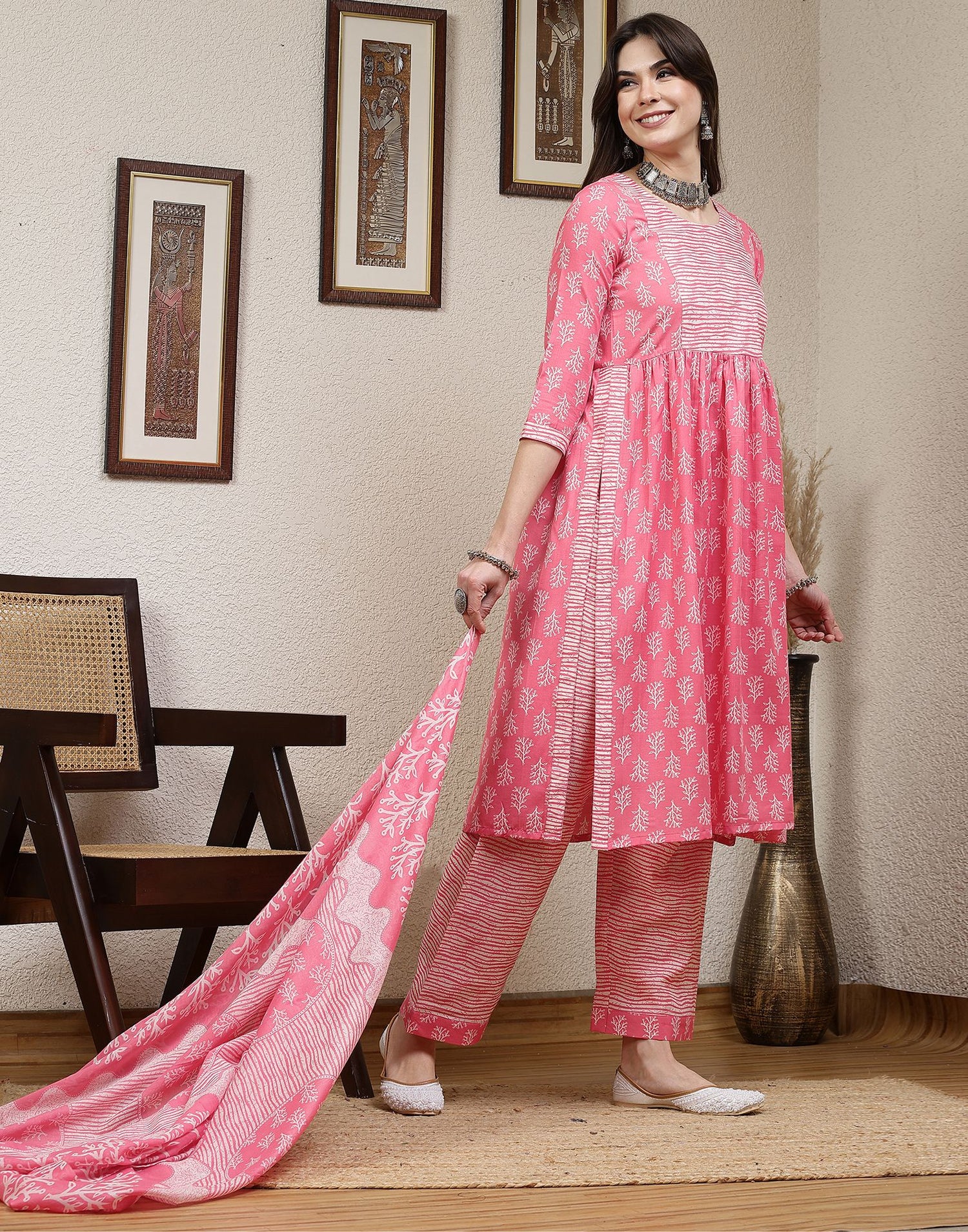 Pink Printed Cotton A-Line Kurta With Pant And Dupatta