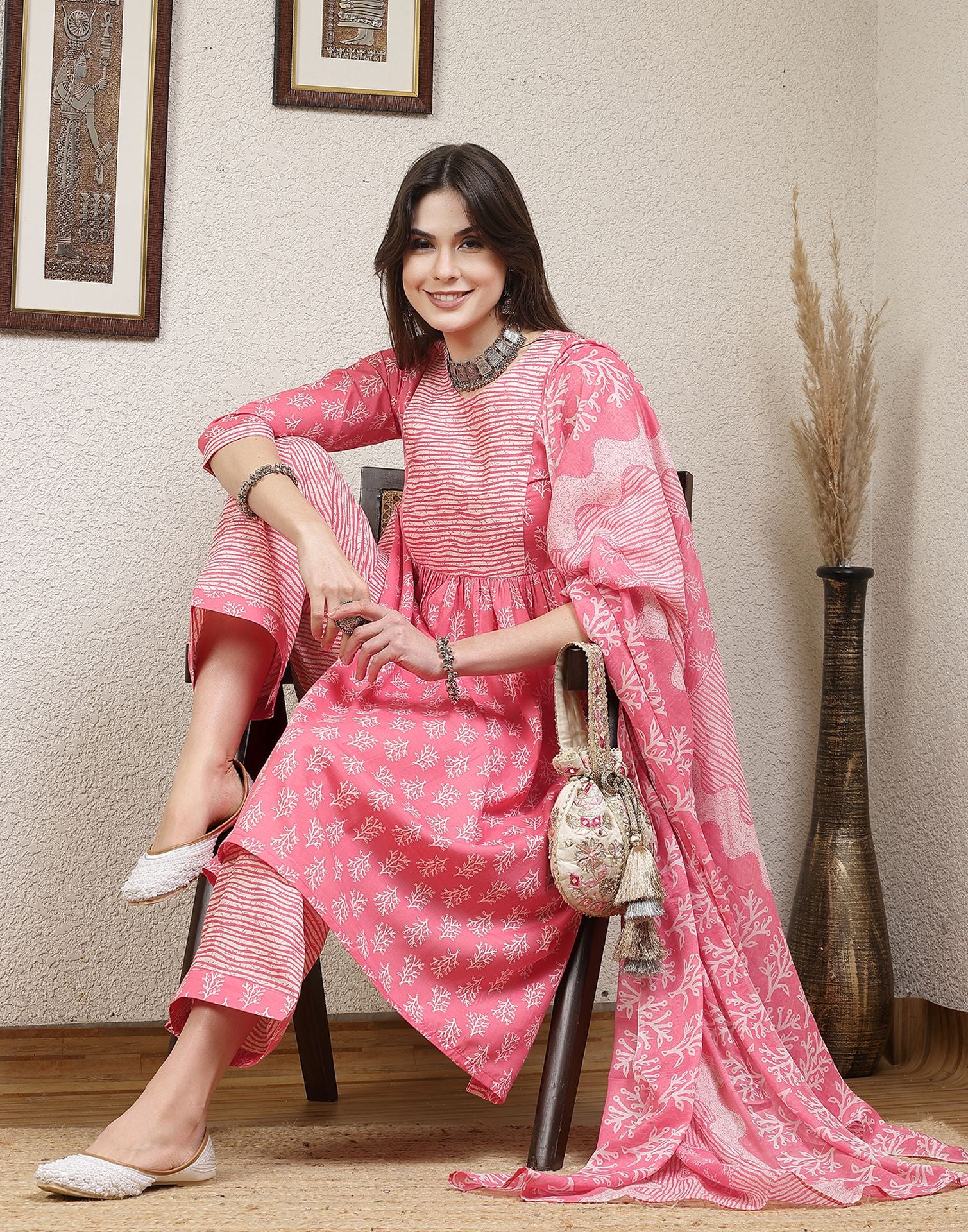 Pink Printed Cotton A-Line Kurta With Pant And Dupatta