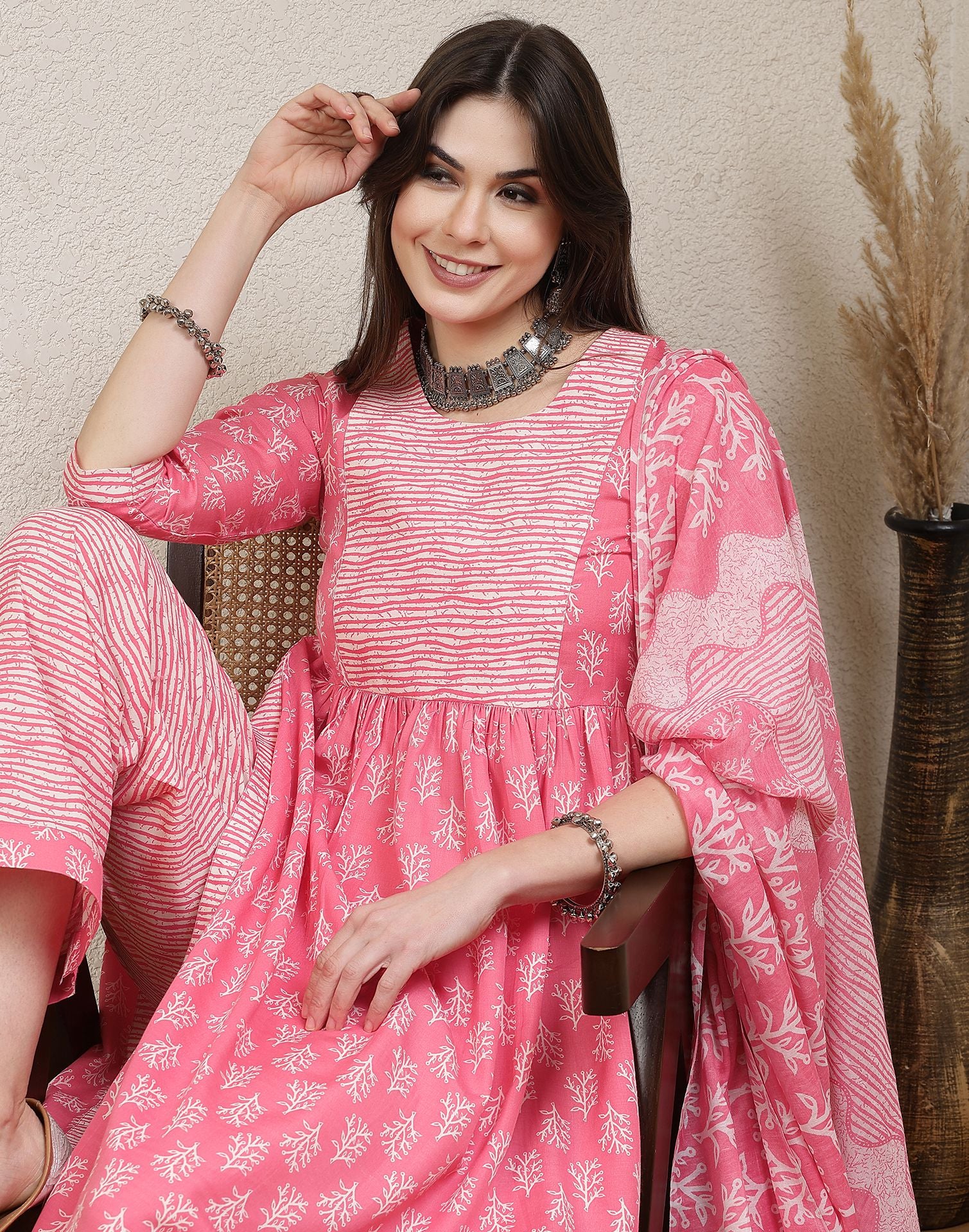 Pink Printed Cotton A-Line Kurta With Pant And Dupatta