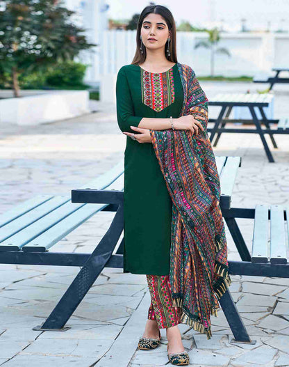 Dark Green Plain Chinnon Straight Kurta With Pant And Dupatta