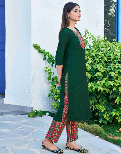 Dark Green Plain Chinnon Straight Kurta With Pant And Dupatta