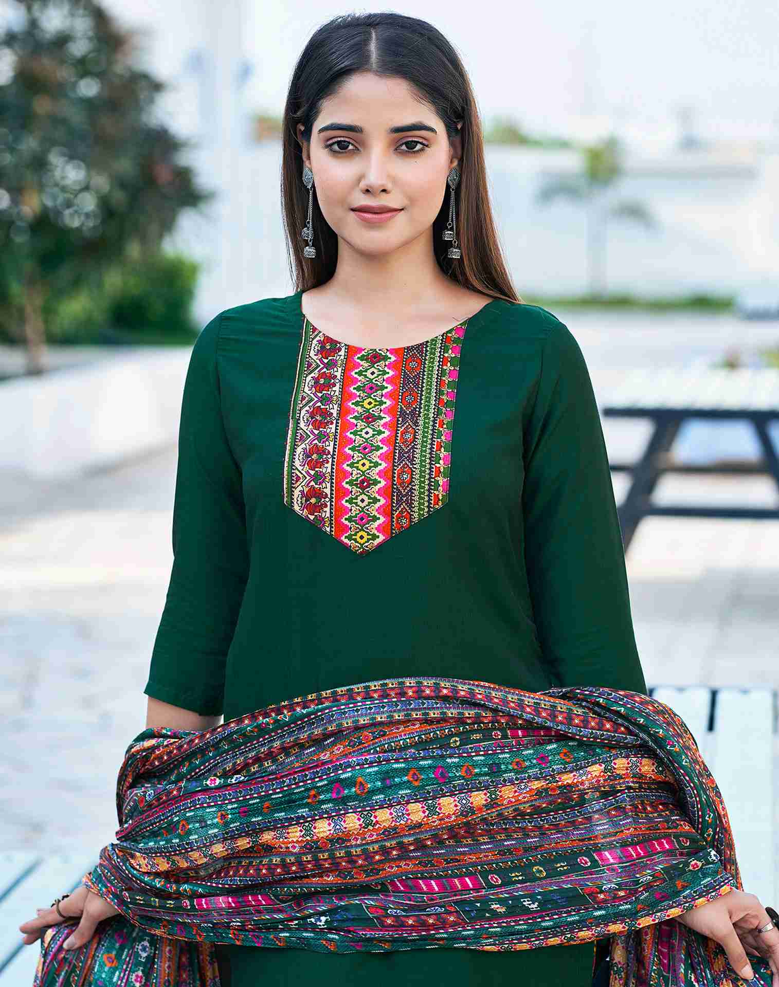 Dark Green Plain Chinnon Straight Kurta With Pant And Dupatta